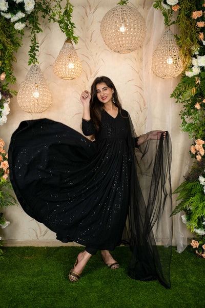 Women's Black Thread Work Anarkali Set