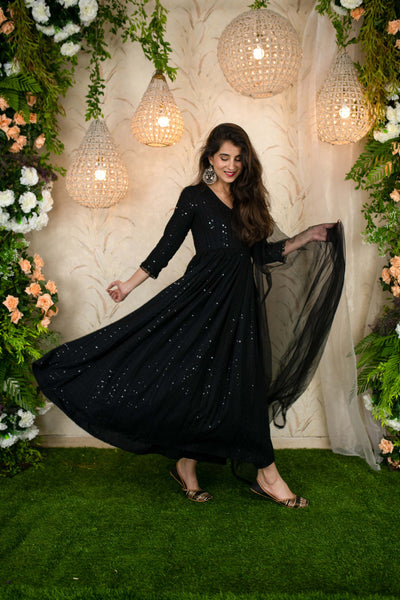 Women's Black Thread Work Anarkali Set