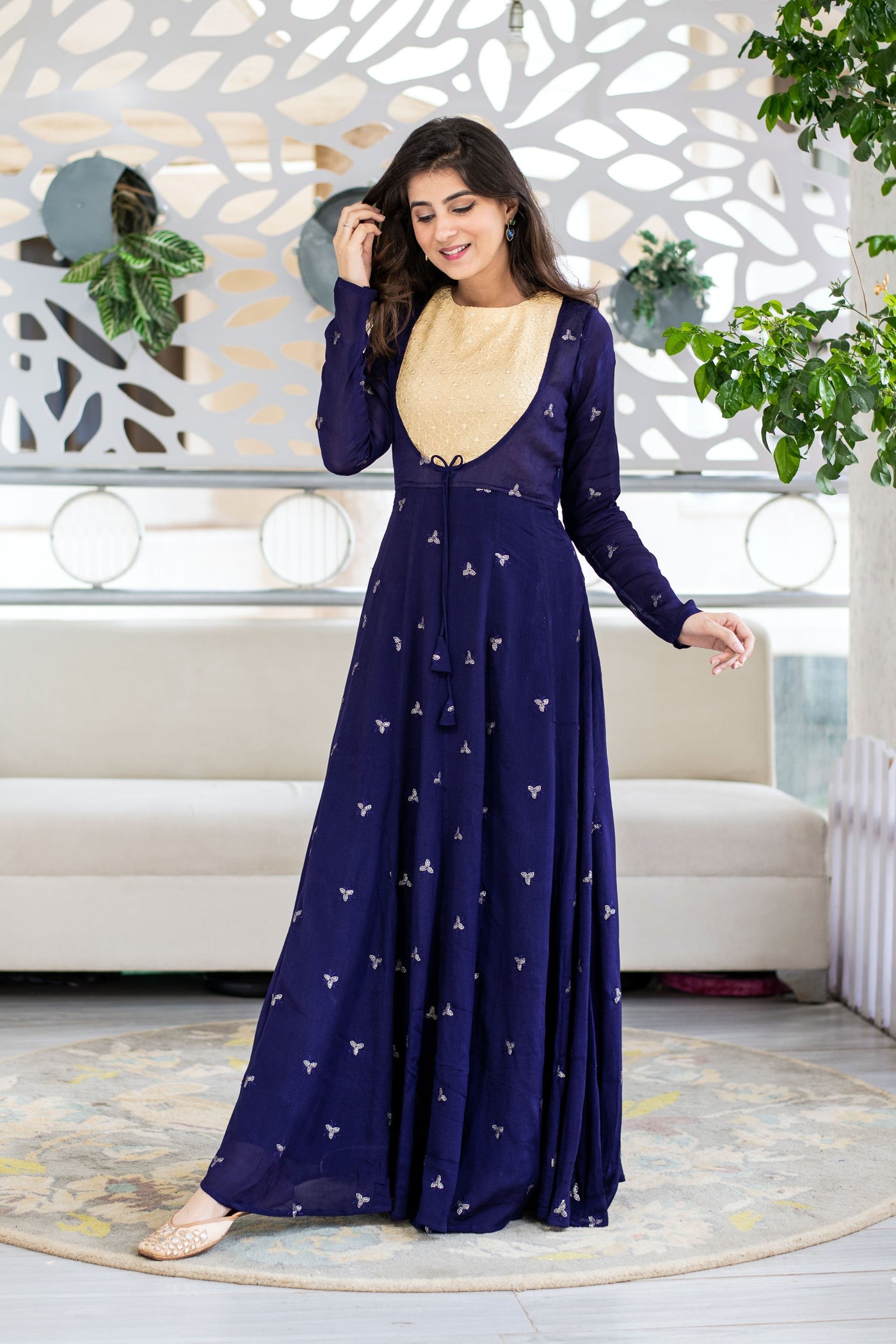 Women's Deep Blue and Beige Gown