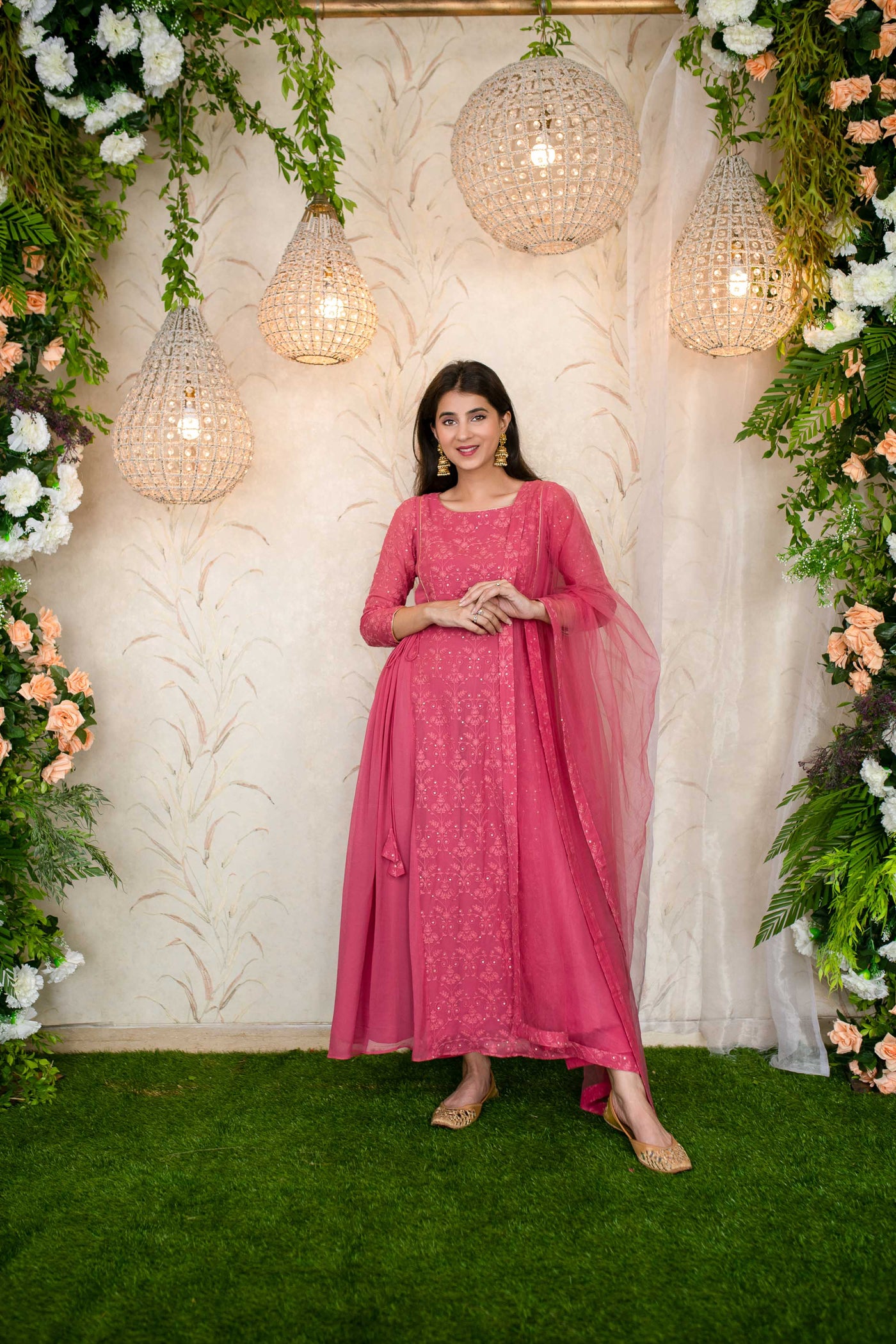 Women's Blush Pink Gathered Long Kurta