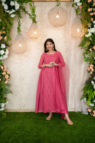 Women's Blush Pink Gathered Long Kurta