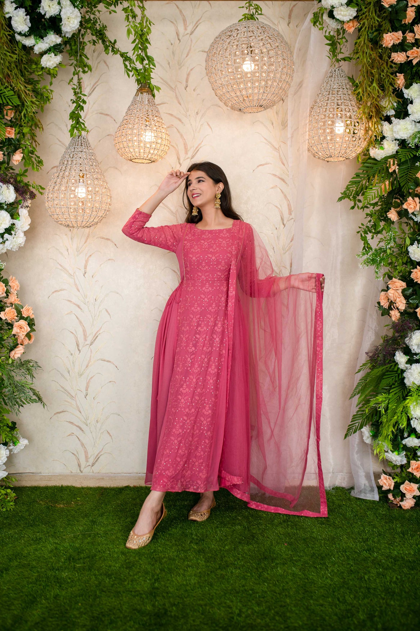 Women's Blush Pink Gathered Long Kurta