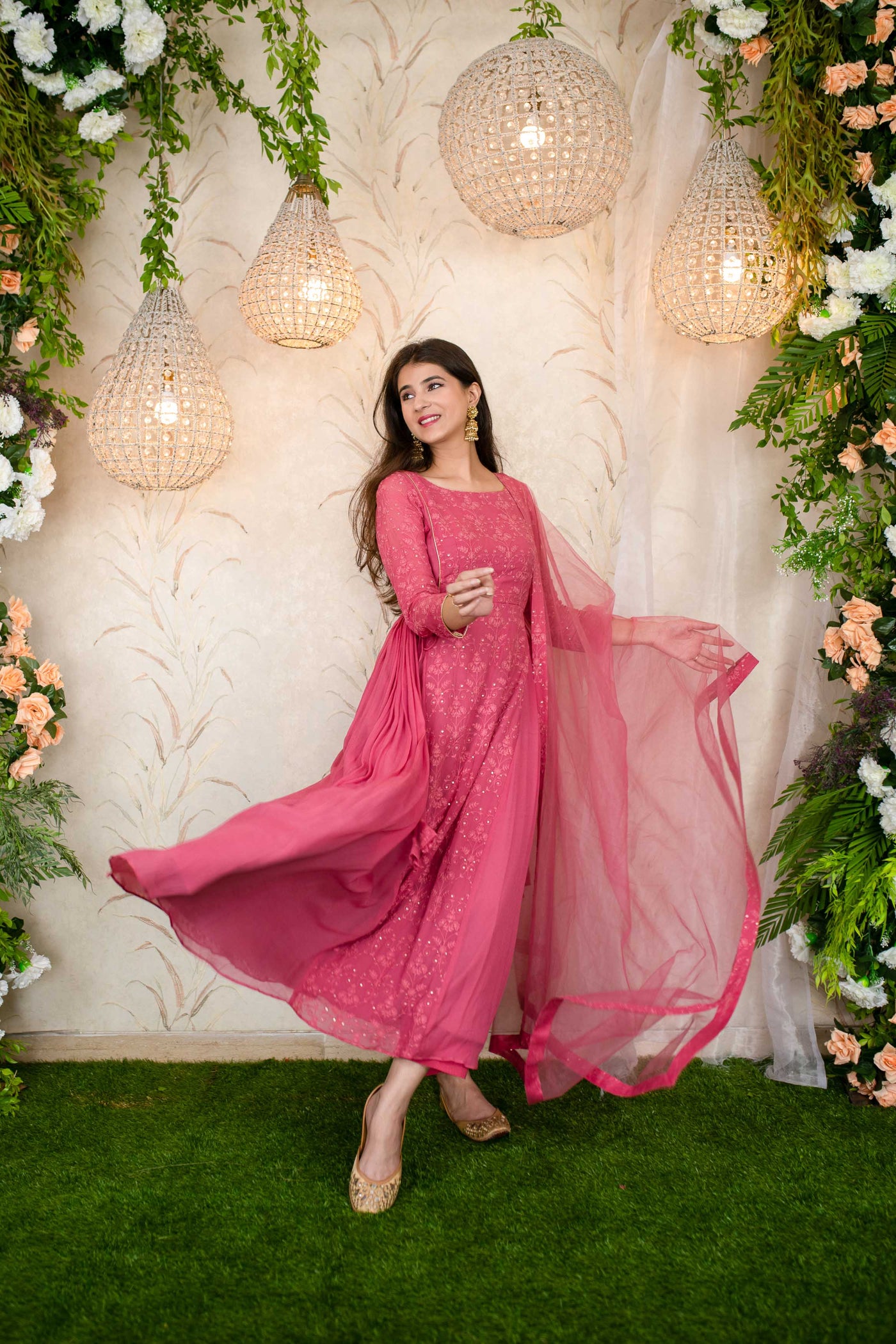 Women's Blush Pink Gathered Long Kurta