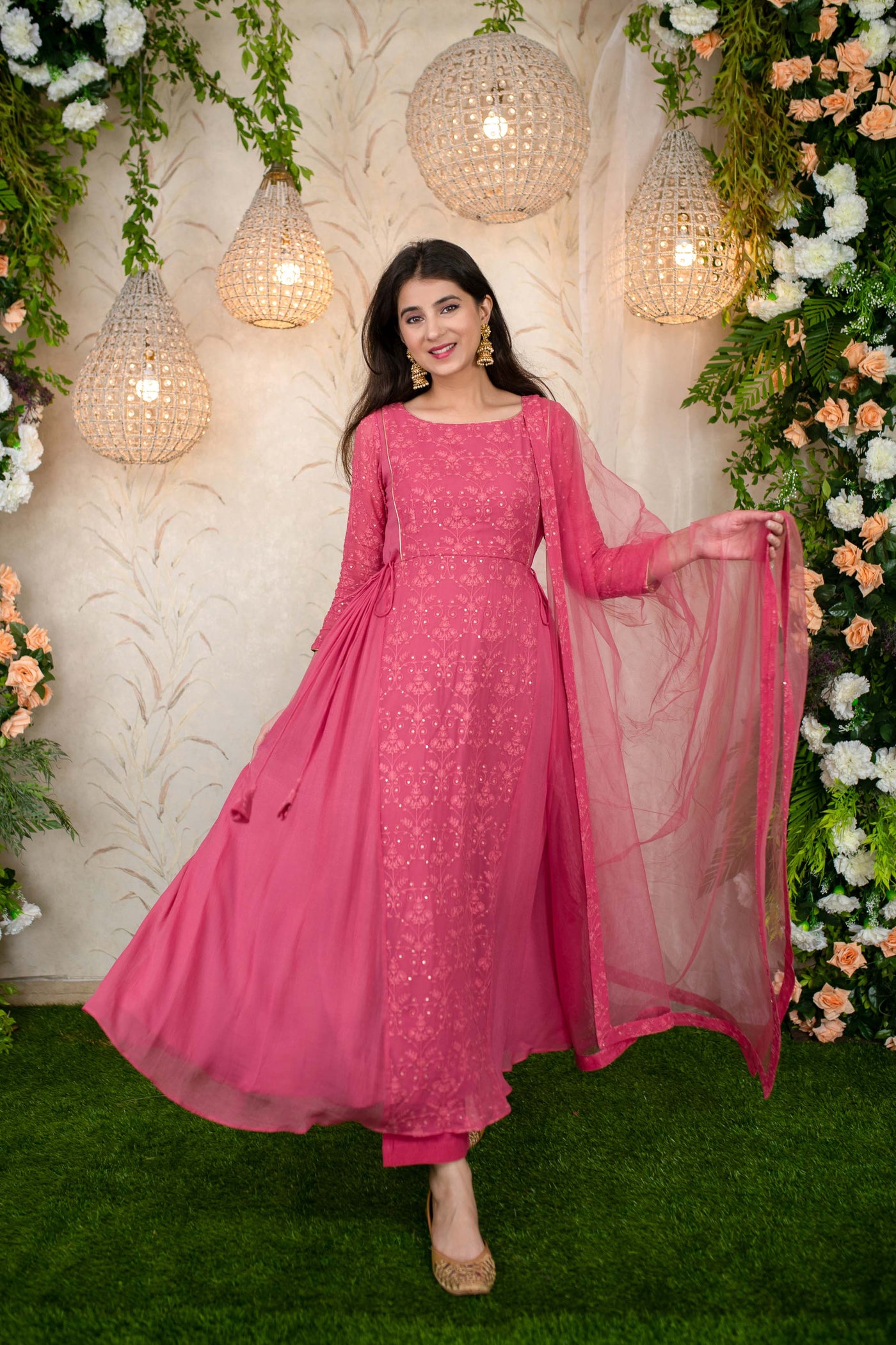 Women's Blush Pink Gathered Long Kurta