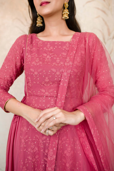 Women's Blush Pink Gathered Long Kurta