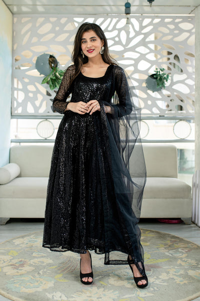 Women's Black Sequin Anarkali Set (3pcs set)