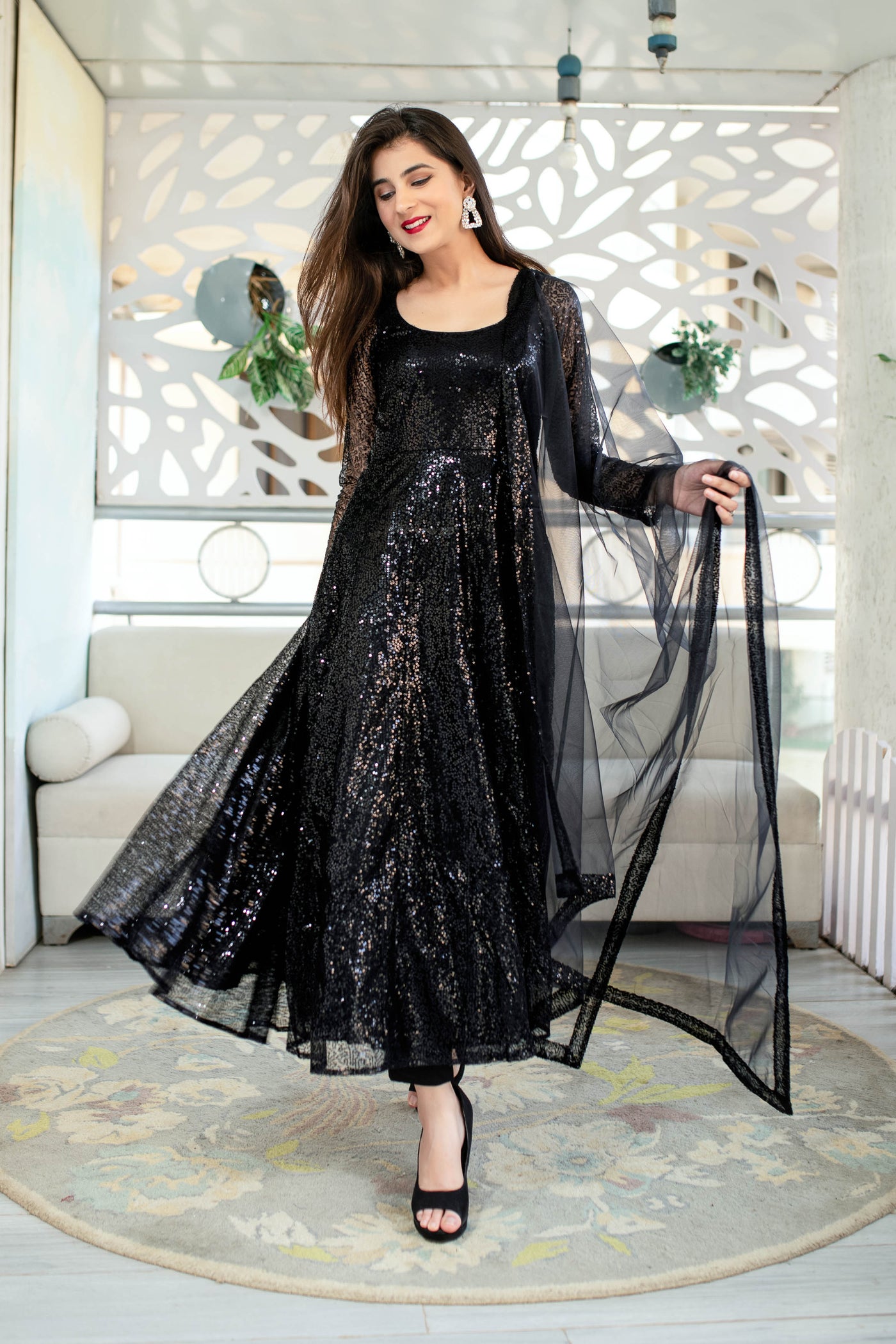 Women's Black Sequin Anarkali Set (3pcs set)