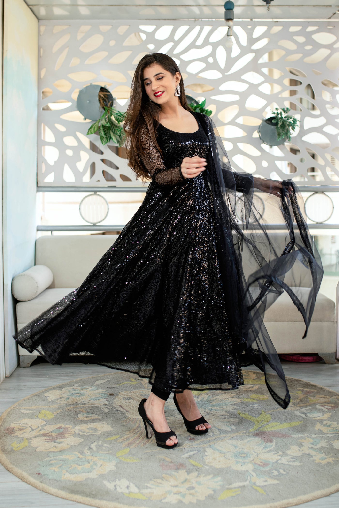 Women's Black Sequin Anarkali Set (3pcs set)