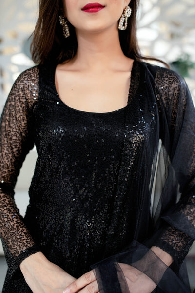 Women's Black Sequin Anarkali Set (3pcs set)