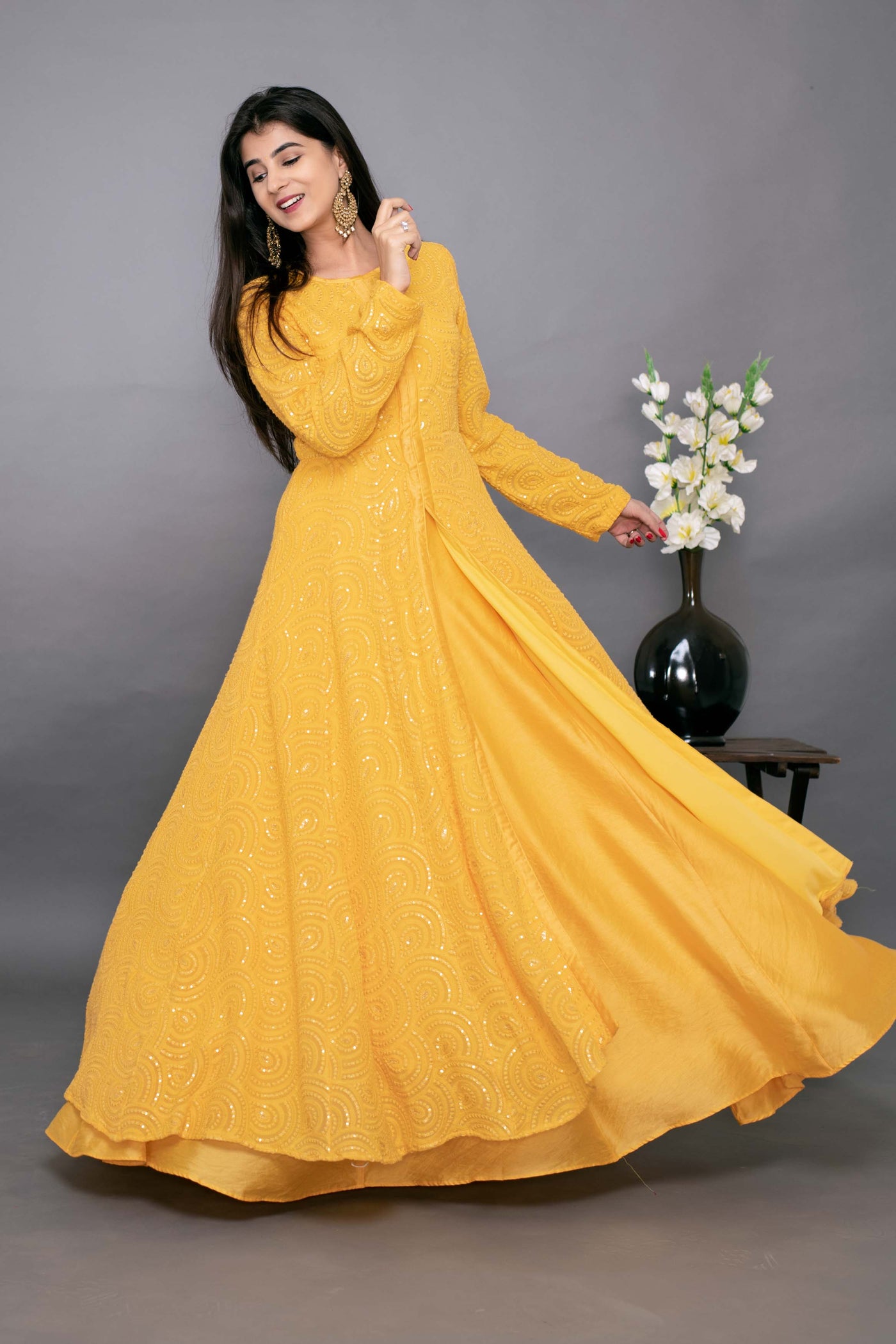 Women's Yellow Thread Work Anarkali With Chanderi Skirt (2pc Set)