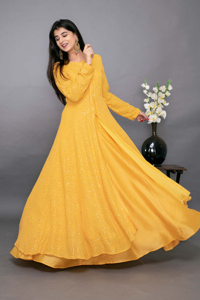 Women's Yellow Thread Work Anarkali With Chanderi Skirt (2pc Set)