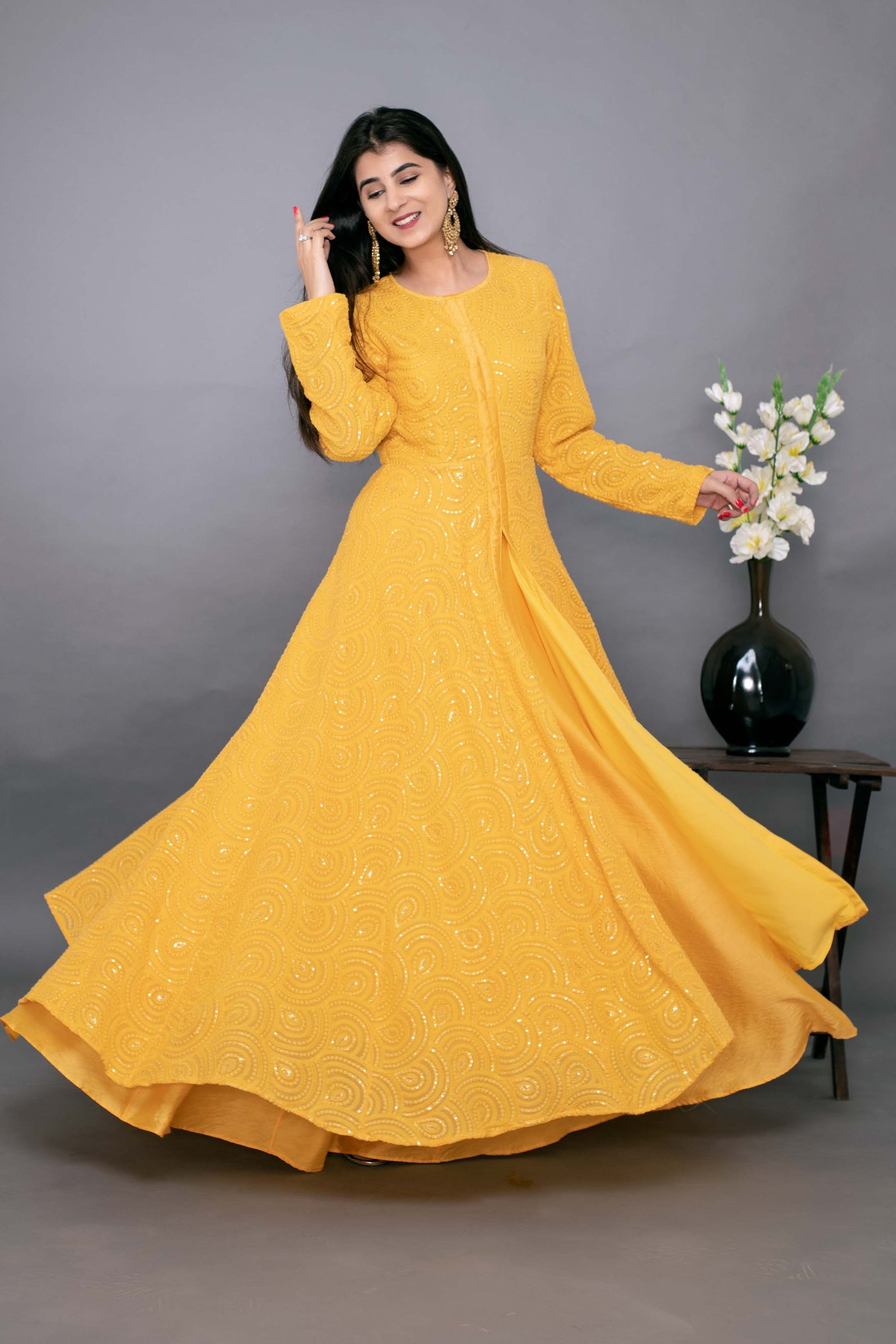 Women's Yellow Thread Work Anarkali With Chanderi Skirt (2pc Set)