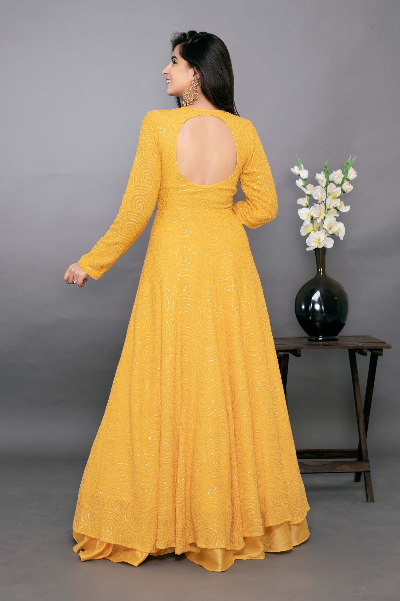 Women's Yellow Thread Work Anarkali With Chanderi Skirt (2pc Set)