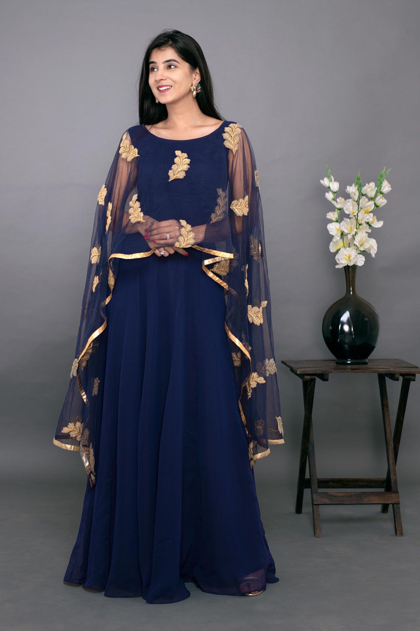 Women's Blue Gown With Attached Dupatta