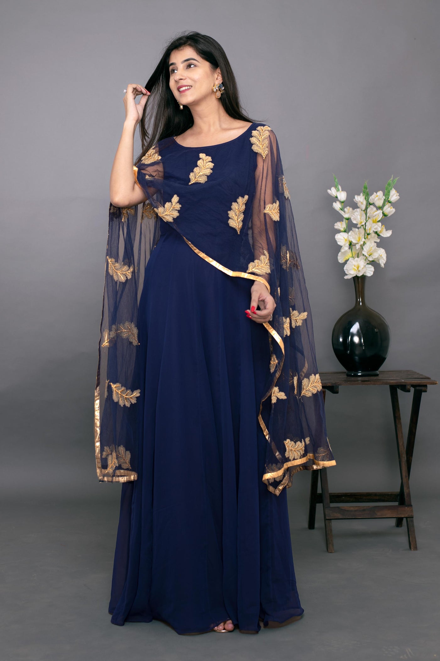 Women's Blue Gown With Attached Dupatta