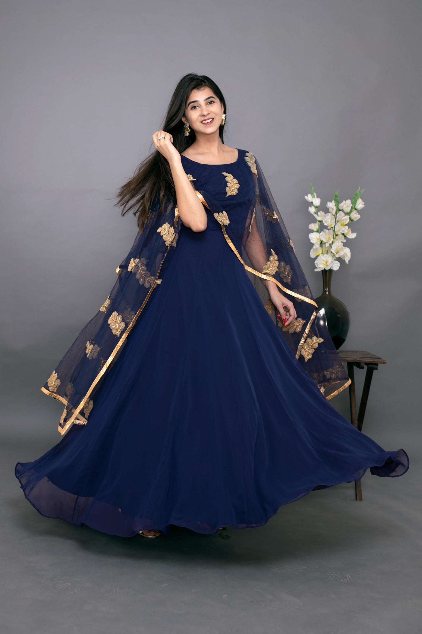 Women's Blue Gown With Attached Dupatta