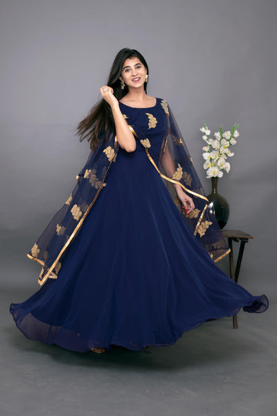 Women's Blue Gown With Attached Dupatta