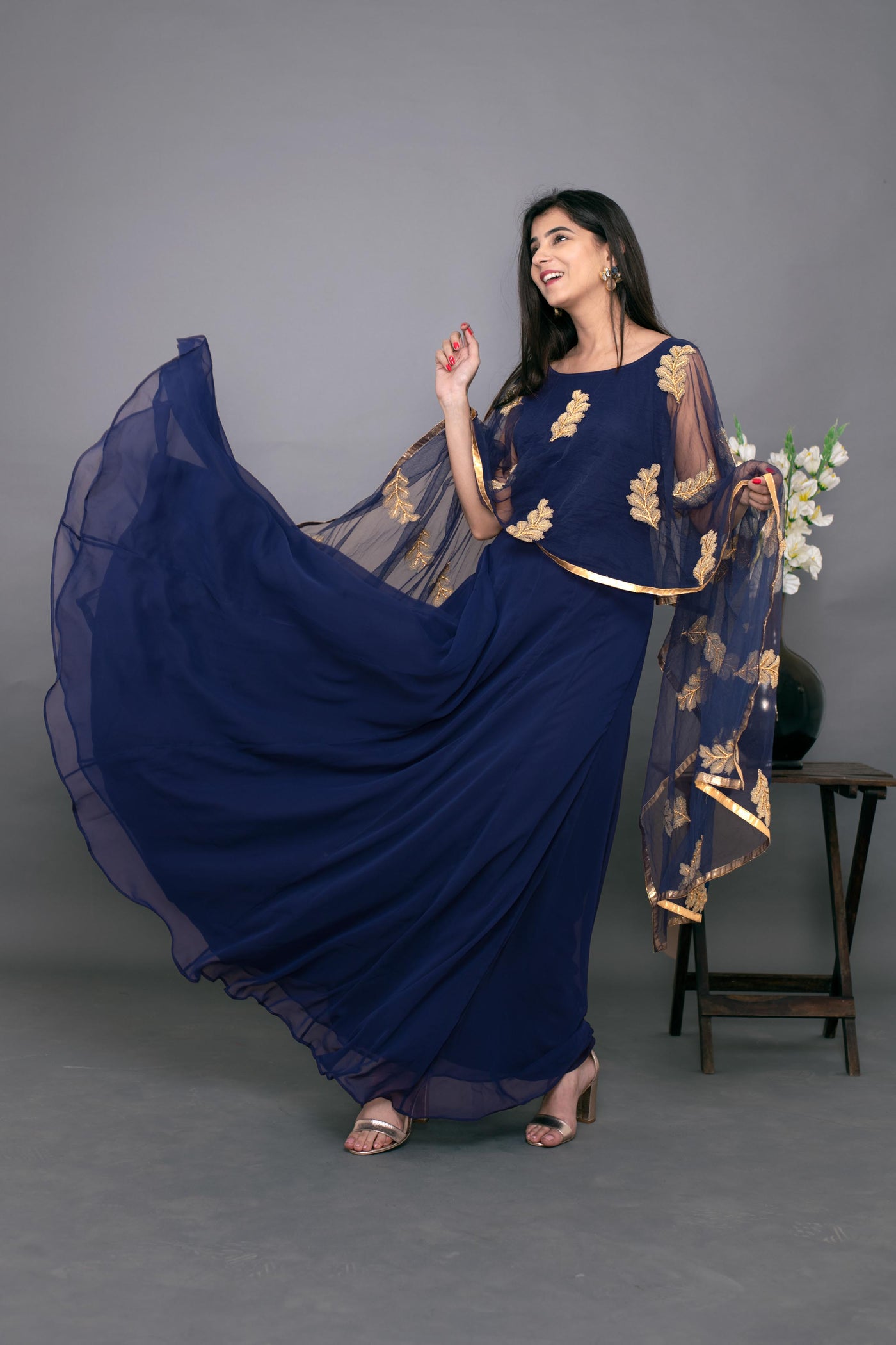 Women's Blue Gown With Attached Dupatta