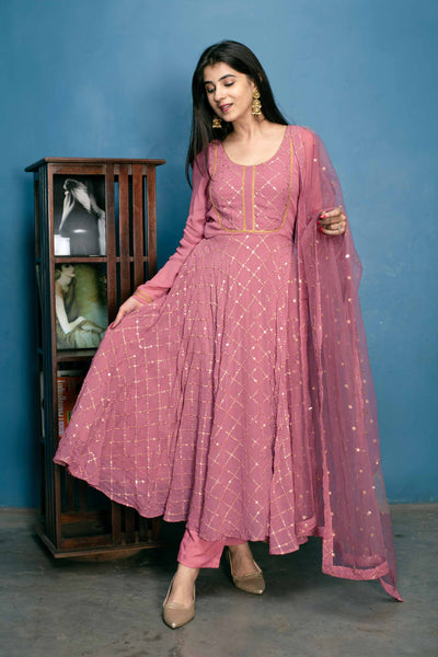 Women's Dusty Pink Thread And Sequin Work Anarkali Set (3pc Set)