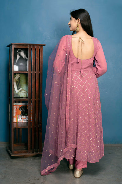 Women's Dusty Pink Thread And Sequin Work Anarkali Set (3pc Set)
