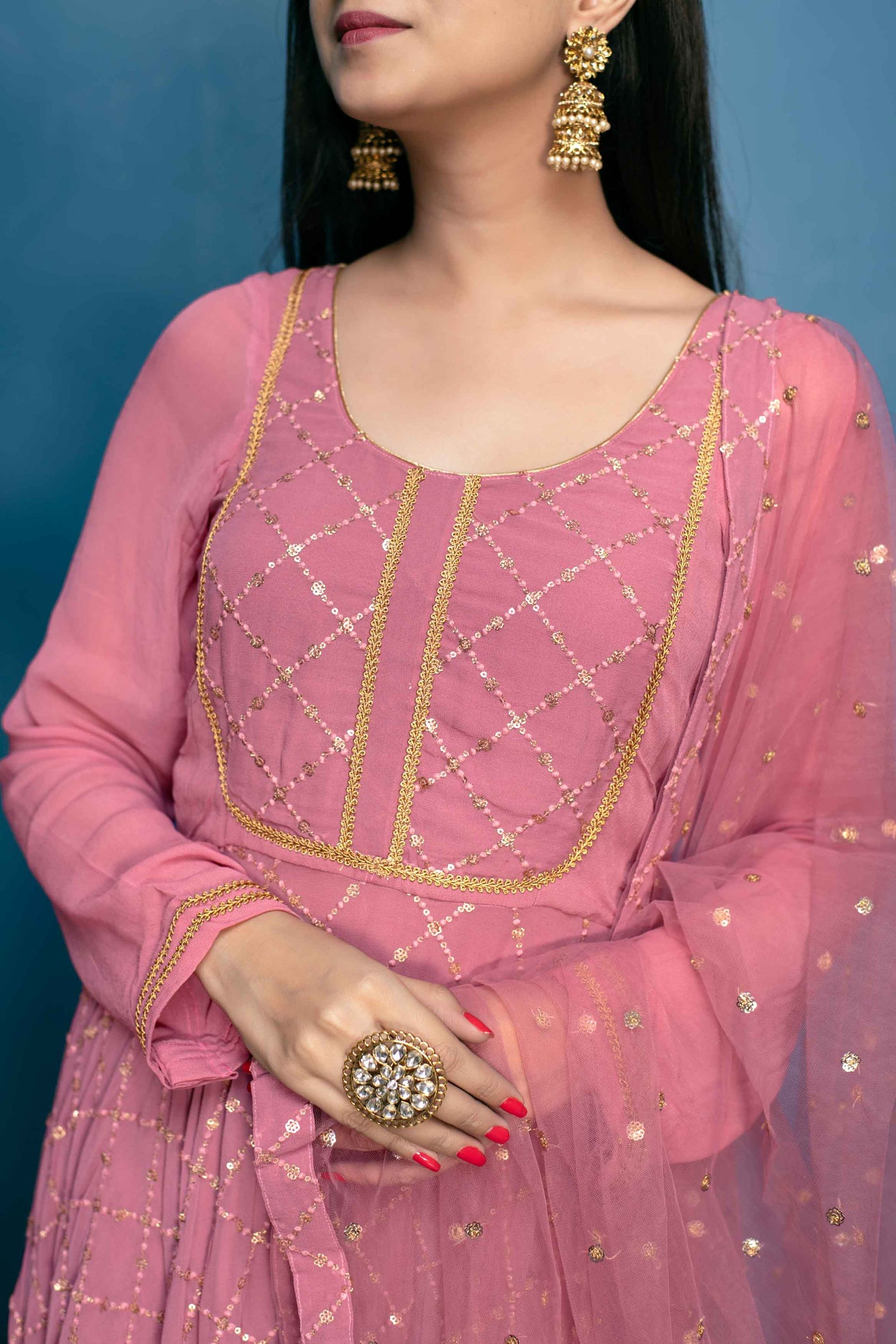 Women's Dusty Pink Thread And Sequin Work Anarkali Set (3pc Set)