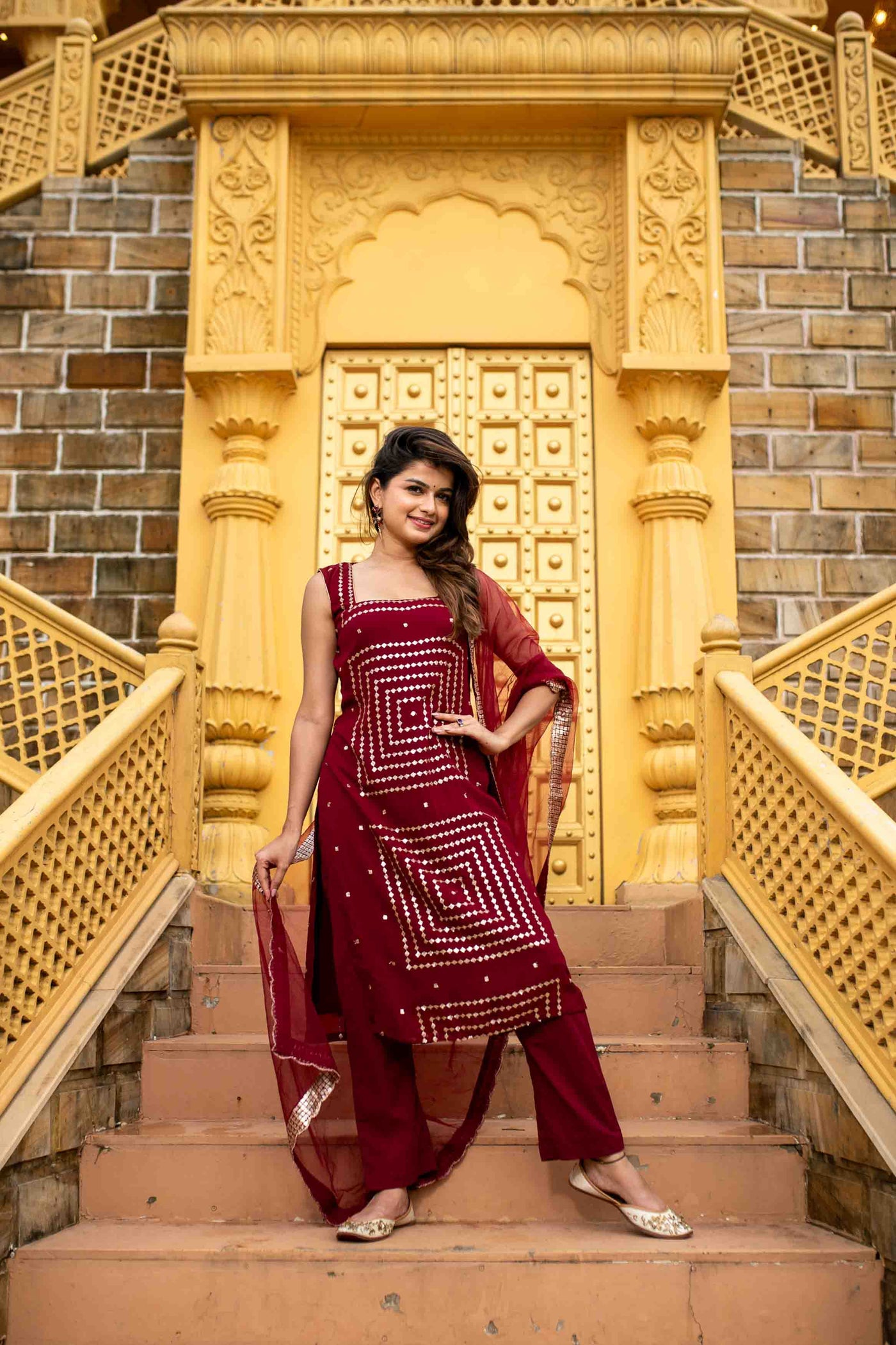 Women's Maroon Georgette Kurta Set