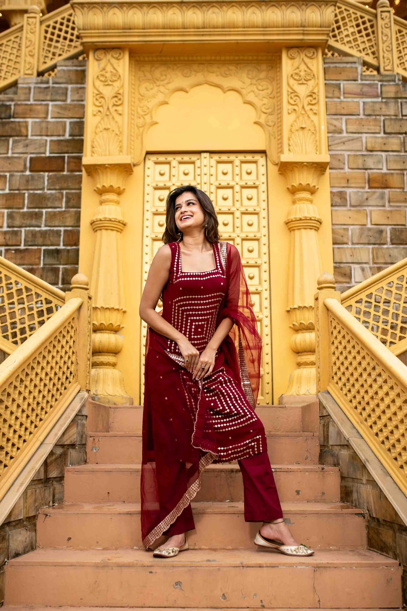 Women's Maroon Georgette Kurta Set