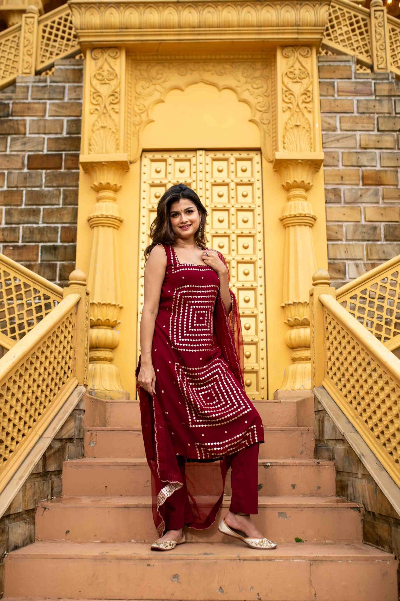 Women's Maroon Georgette Kurta Set