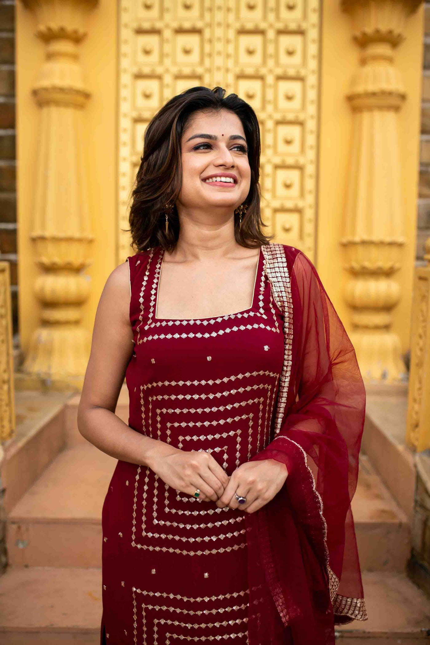 Women's Maroon Georgette Kurta Set