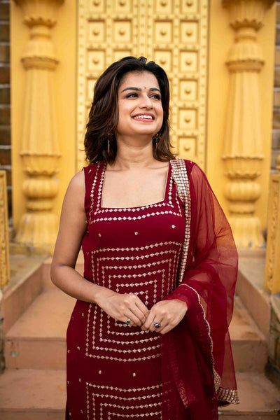 Women's Maroon Georgette Kurta Set