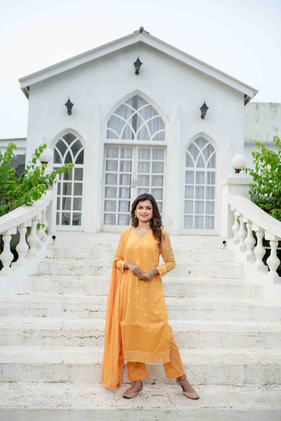 Women's Light Orange Thread Work Kurta Set