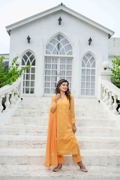 Women's Light Orange Thread Work Kurta Set