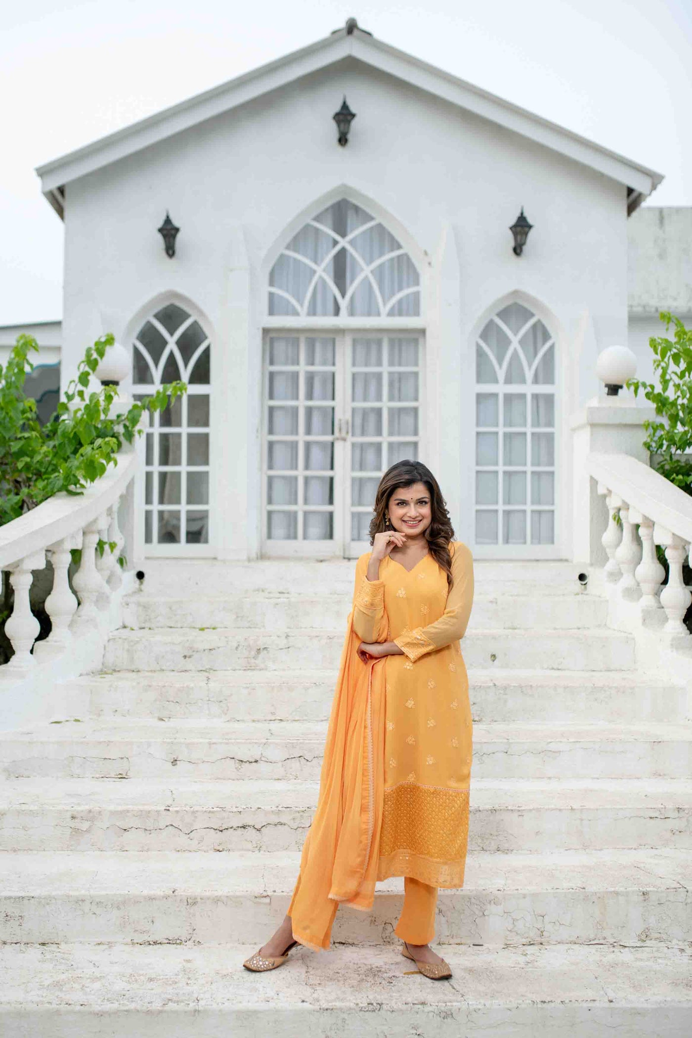 Women's Light Orange Thread Work Kurta Set