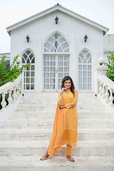 Women's Light Orange Thread Work Kurta Set