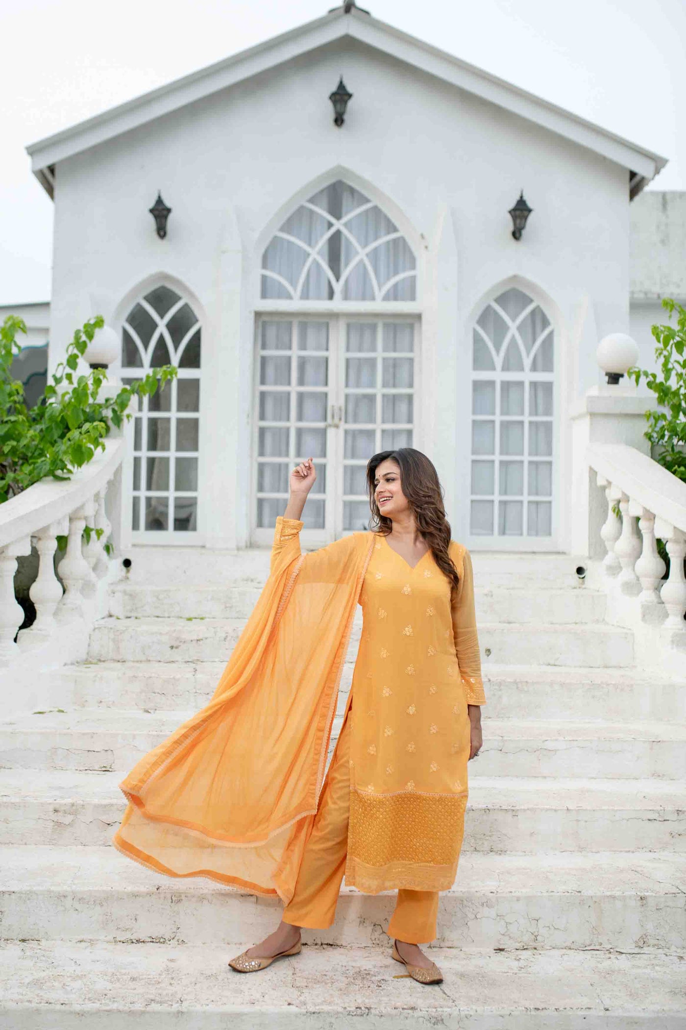 Women's Light Orange Thread Work Kurta Set