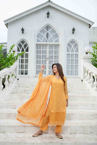 Women's Light Orange Thread Work Kurta Set