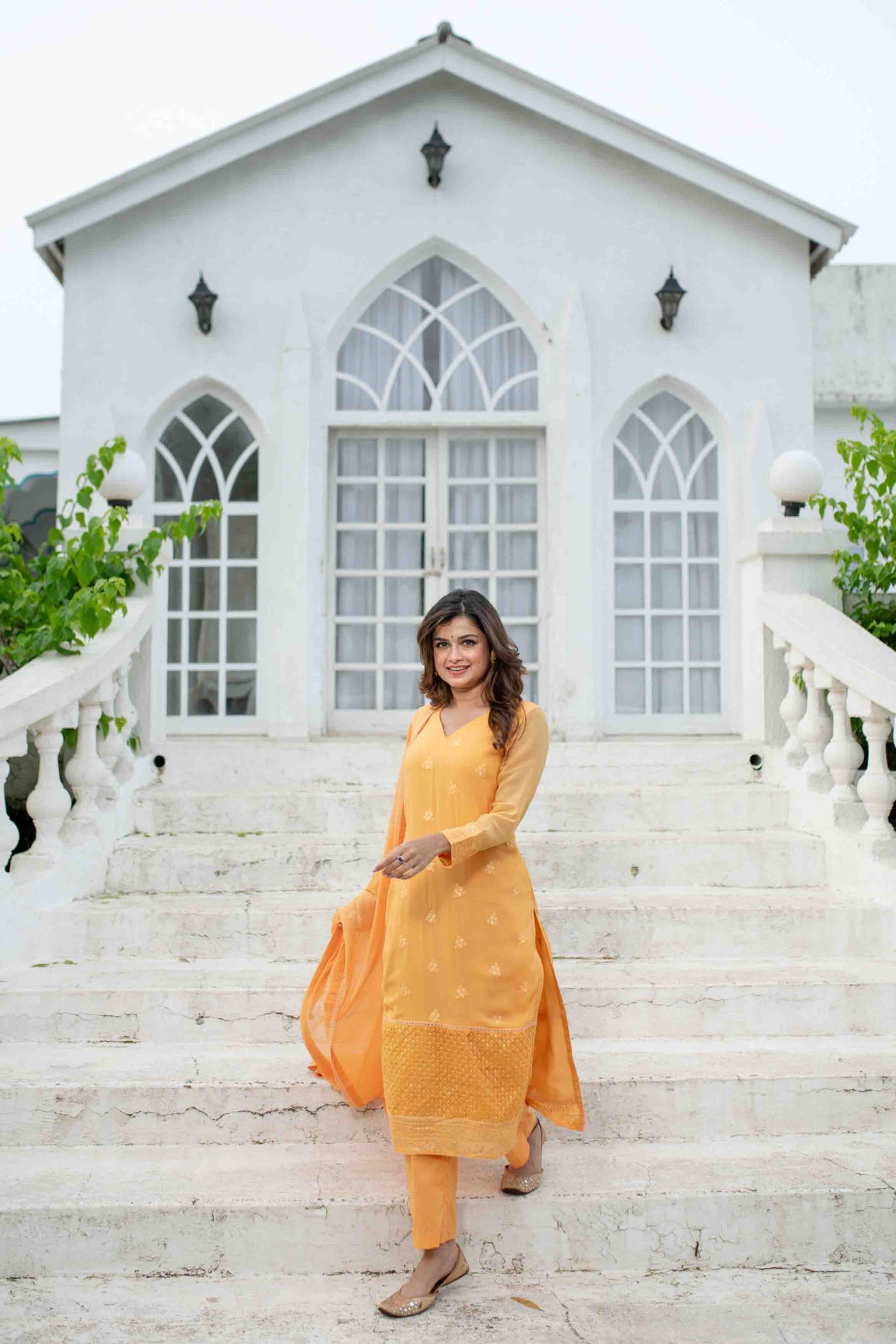 Women's Light Orange Thread Work Kurta Set