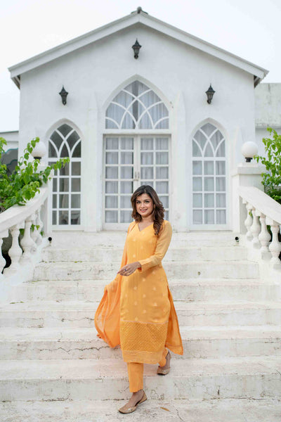 Women's Light Orange Thread Work Kurta Set