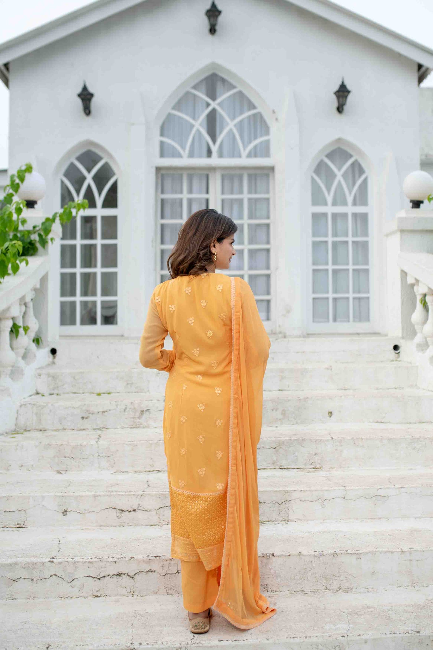Women's Light Orange Thread Work Kurta Set