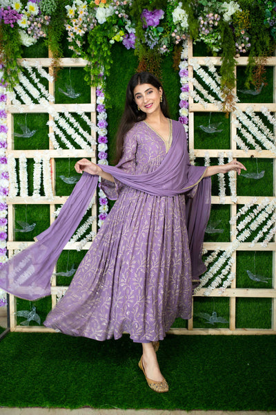 Women's Violet Gold Thread Work Anarkali