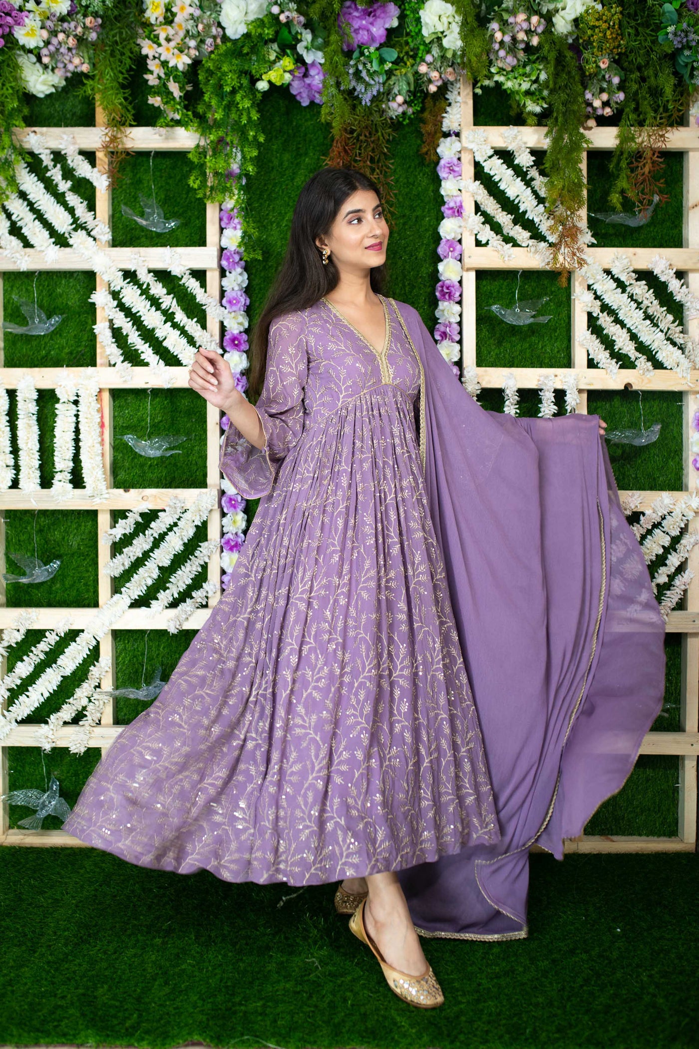 Women's Violet Gold Thread Work Anarkali