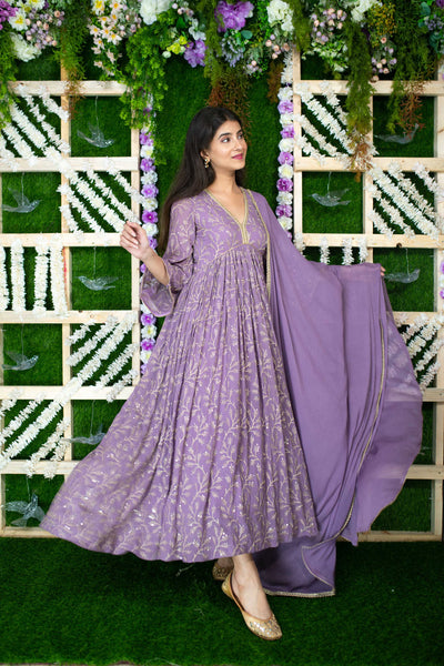 Women's Violet Gold Thread Work Anarkali