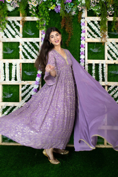 Women's Violet Gold Thread Work Anarkali