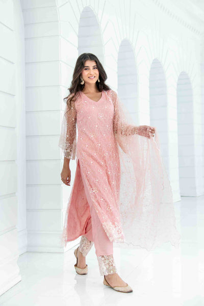 Women's Peach Pakistani Thread Work Kurta Set