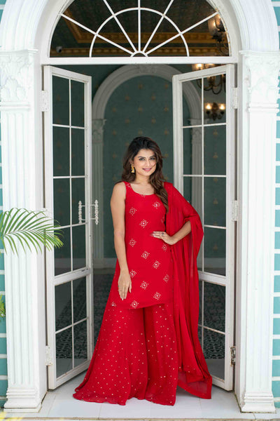Women's Red Short Kurta With Palazzo