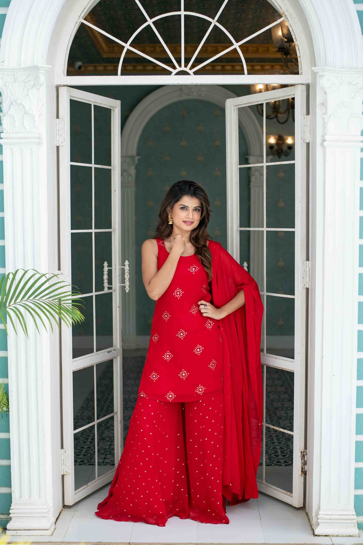 Women's Red Short Kurta With Palazzo
