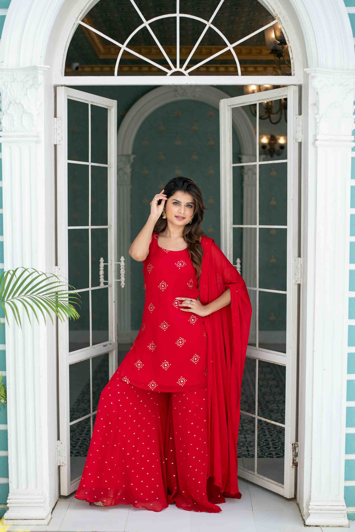 Women's Red Short Kurta With Palazzo
