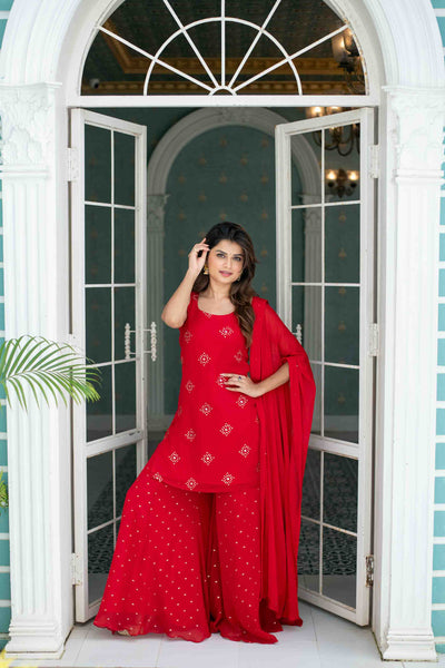 Women's Red Short Kurta With Palazzo