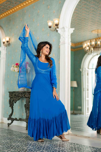 Women's Electric Blue Choli Style Gown With Dupatta