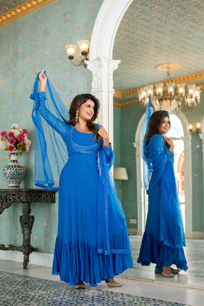 Women's Electric Blue Choli Style Gown With Dupatta